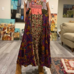 Up-cycled boho patchwork sleeveless dress 'Pnina' L-2X, Patchwork farm chic loose pinafore dress, cottage core sleeveless maxi dress. zdjęcie 1