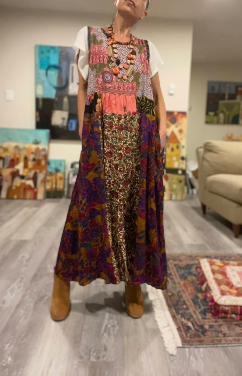 Up-cycled boho patchwork sleeveless dress 'Pnina' L-2X, Patchwork farm chic loose pinafore dress, cottage core sleeveless maxi dress. zdjęcie 1