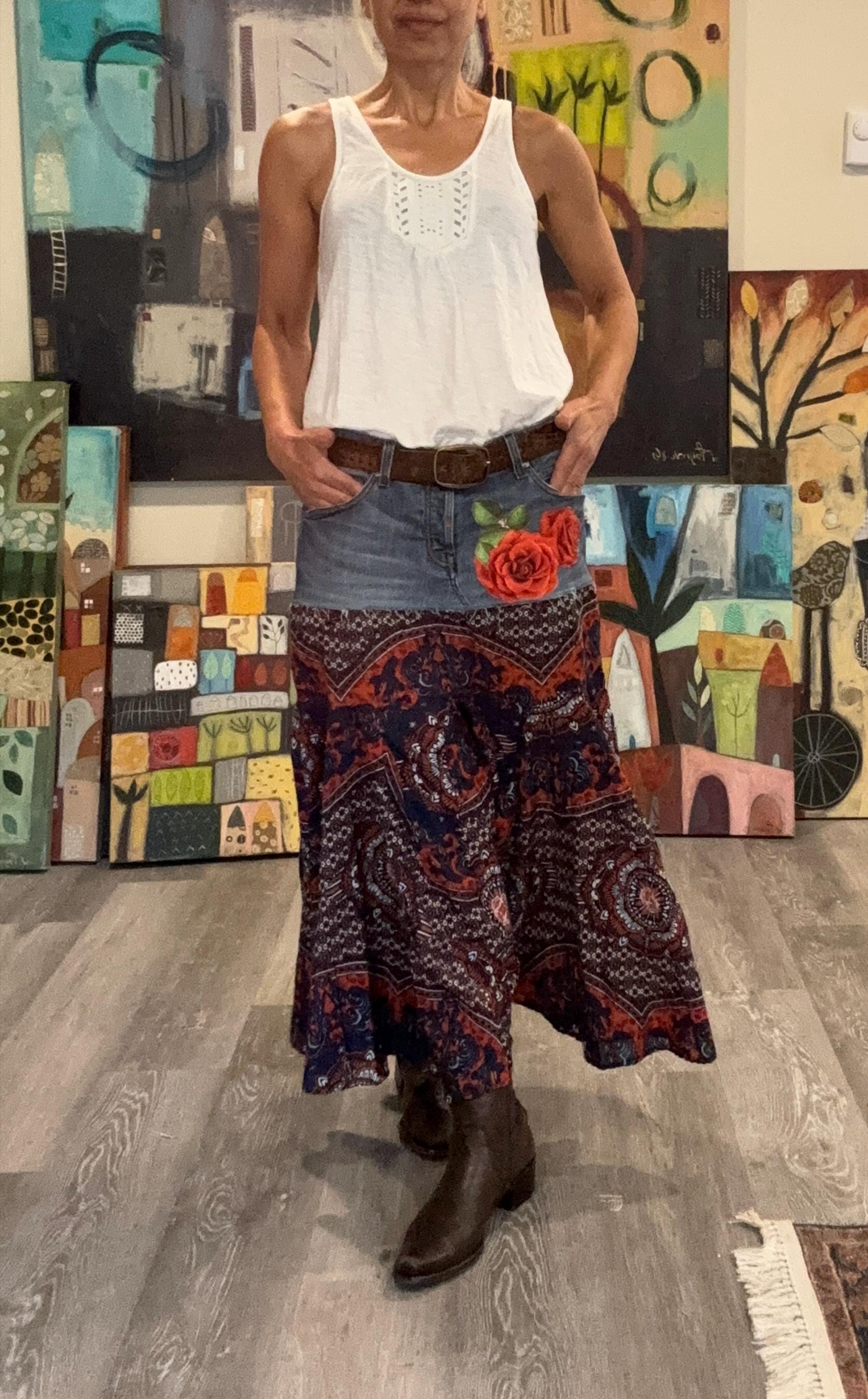 【hippiedippy】eyelet denim skirt Up-cycled Denim Boho Maxi Skirt 'lia' Size 8-10, Hippie