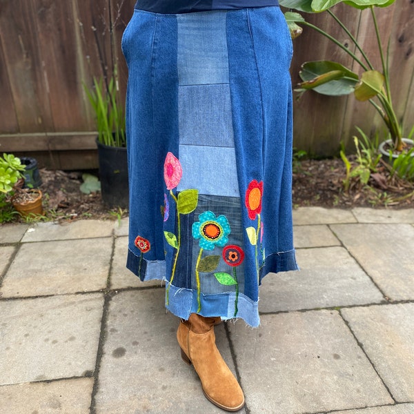 Up-cycled patched denim skirt 'Yamia M-XL, Boho flower patched jean skirt, Hippie flower power midi jean skirt.