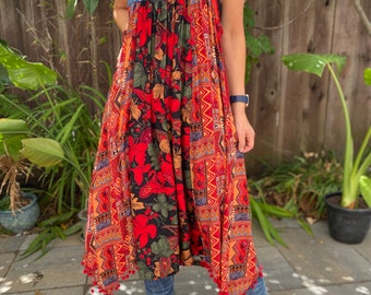 Up-cycled rustic pinafore 'Sima' M-2X, Boho patchwork floral pinafore, farm chic colorful pinafore dress.