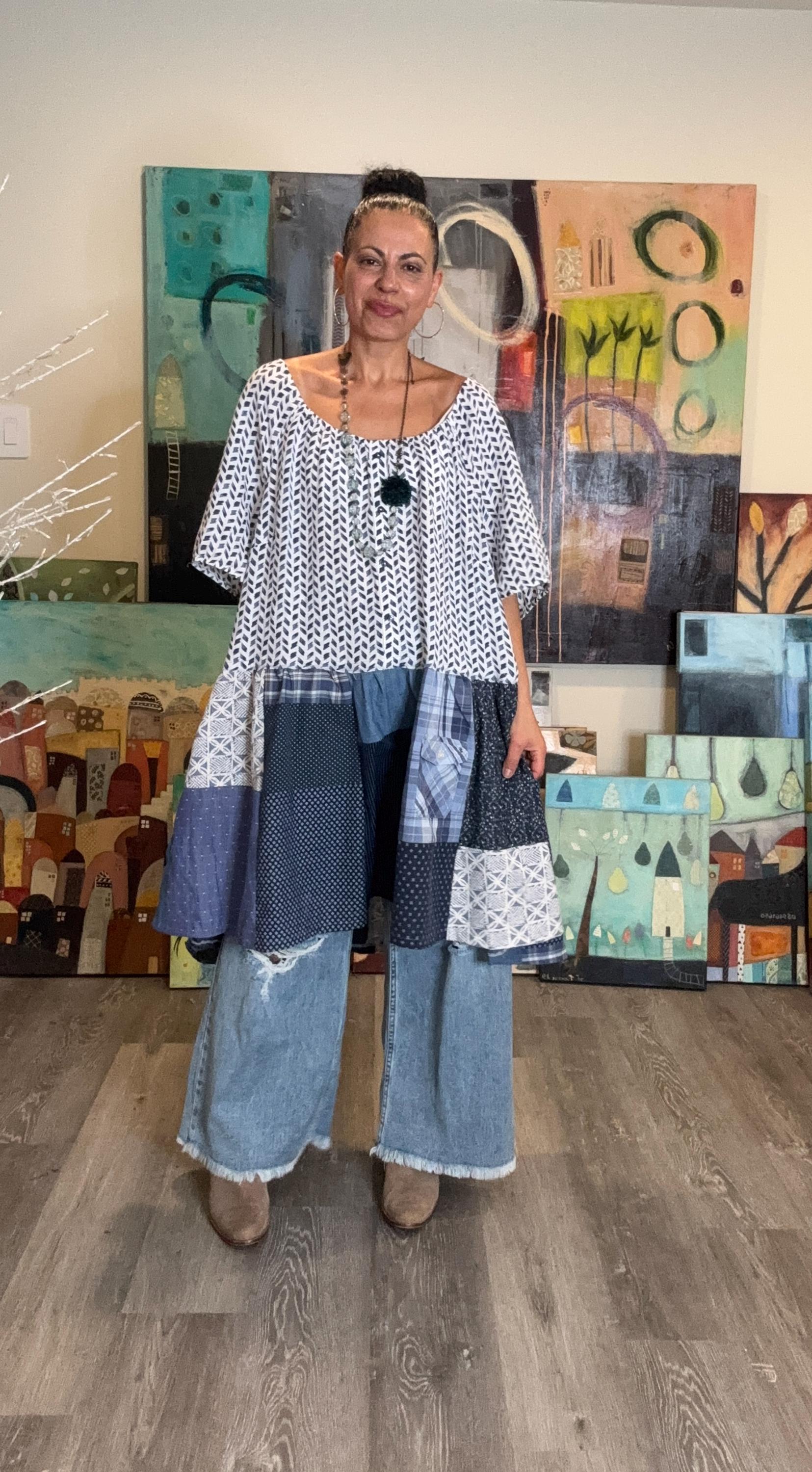 Up-cycled  loose patchwork tunic 'Mariana' XL-3X, farm chic loose elegant tunic, Up-cycled blue and white romantic tunic.