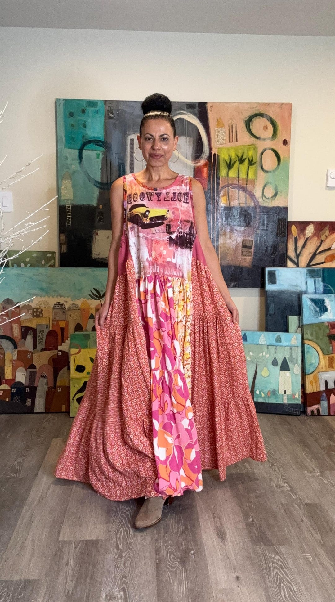 Wavlynn Boho Apricot Patchwork Sleeveless Long Maxi Dress With Ruffled Trim And Cotton Blend Fabric main image 1