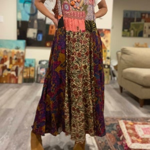 Up-cycled boho patchwork sleeveless dress 'Pnina' L-2X, Patchwork farm chic loose pinafore dress, cottage core sleeveless maxi dress. zdjęcie 3