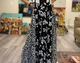 Up-cycled sleeveless boho maxi  dress M-2X 'Relly',   loose farm chic long black and white dress, summer maxi Black and white sun dress.