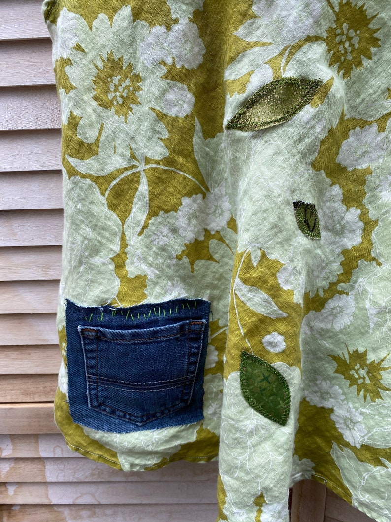 patched boho free form tunic One of a kind. Sleeveless crop lime Green linen top S-M Up-cycled
