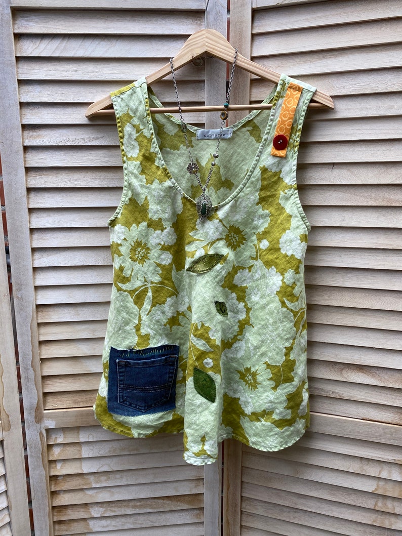 patched boho free form tunic One of a kind. Sleeveless crop lime Green linen top S-M Up-cycled
