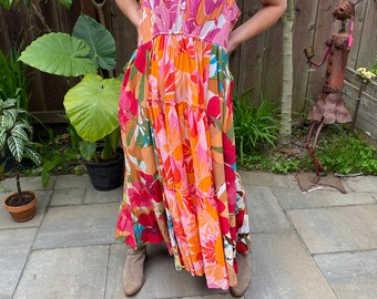 Summery boho loose sleeveless maxi dress 'Eva' XL-2X, colorful V neck sleeveless maxi dress, patchwork long boho dress.