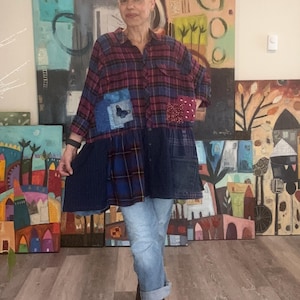 Up-cycled boho flannel artistic tunic 'Esther' L-3X, plaid boho patchwork duster, Farm chic plaid tunic.