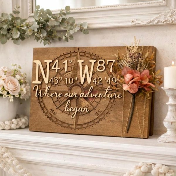Wood Anniversary Gift for Him, Wood Anniversary Gift for Her, Anniversary Gift for Husband, Custom Location Print, Present For Him