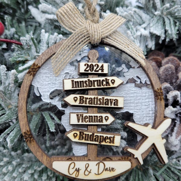 Ornamento personalizzato per avventure di viaggio, ornamento personalizzato per destinazioni di viaggio, regalo di viaggio, regalo di Natale, regalo per viaggiatori, regalo per coppia
