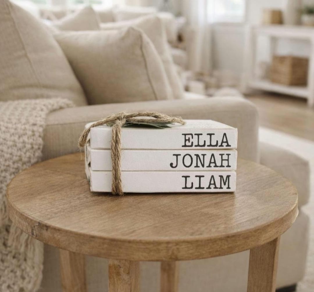 Personalized Wooden Book Stack – Custom Family Name Books – Neutral ...
