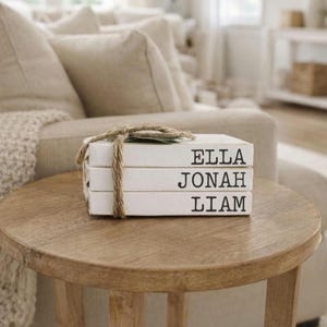 Personalized Wooden Book Stack – Custom Family Name Books – Neutral Farmhouse Shelf Decor – Timeless Home Styling Accent