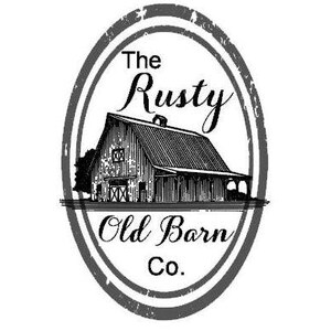 May include: Black and white logo with a distressed oval border. The logo features a drawing of a barn with the text "The Rusty Old Barn Co."