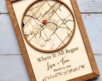 Where We Met Map Gift for Couple – Personalized Location Wood Sign – Anniversary Wedding Keepsake