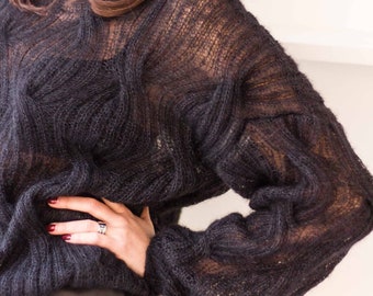 Hand Knit Mohair Sweater - Silk Blend Cable Knit, Women's Black Sweater