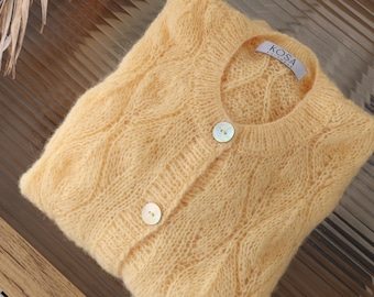 Yellow alpaca silk woman cardigan.  Openwork alpaca woman cardigan. Alpaca woman sweater. Alpaca silk bridal jacket.