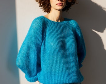 Mohair sweater women. Mohair turquoise women's sweater. Mohair Sweater. handknit sweater. oversize women's pullover