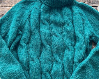 Cable knit woman alpaca silk turtleneck sweater. Oversized  alpaca woman sweater. Handknit alpaca woman pullover.