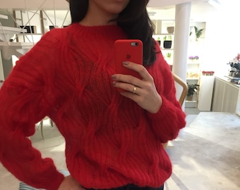 Mohair sweater women. Mohair red women's sweater. Mohair cableknit Sweater. Handknit sweater. Oversize women's pullover