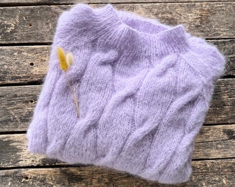 Cable knit women alpaca sweater. Fluffy alpaca women sweater. Handknit alpaca sweater. Pink powder pullover.
