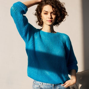Mohair sweater women. Mohair turquoise women's sweater. Mohair Sweater. handknit sweater. oversize women's pullover image 7