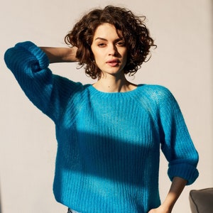 Mohair sweater women. Mohair turquoise women's sweater. Mohair Sweater. handknit sweater. oversize women's pullover image 6