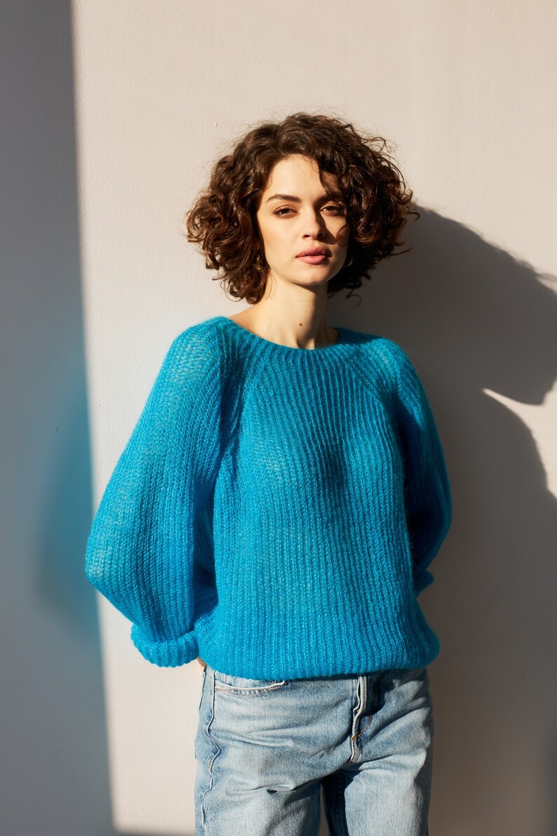 Mohair sweater women. Mohair turquoise women's sweater. Mohair Sweater. handknit sweater. oversize women's pullover image 1