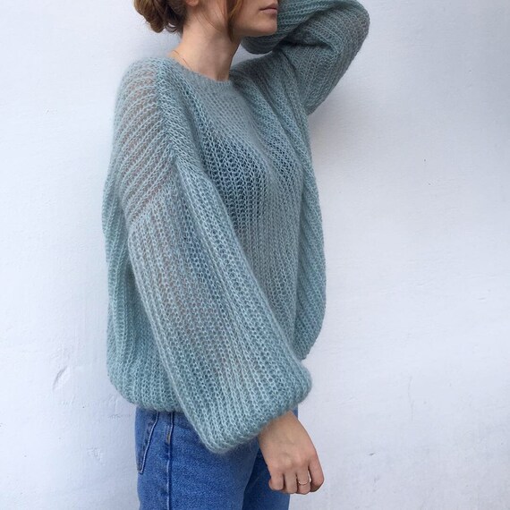 トップス ERL mohair gray Blue Knit Mohair Sweater Women. Mohair Blue Women's Sweater. Mohair Sweater