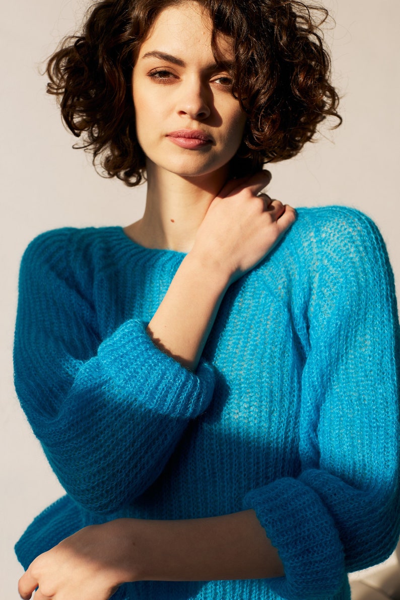 Mohair sweater women. Mohair turquoise women's sweater. Mohair Sweater. handknit sweater. oversize women's pullover image 3