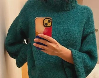Alpaca silk turtleneck woman sweater.  Fluffy oversized alpaca woman sweater. Handknit alpaca sweater. Oversize alpaca woman pullover.