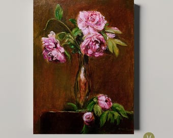 Dipinto ad olio "Peonie rosa", ispirato a Fantin-Latour, natura morta floreale dipinta a mano su tela, 30x40 cm, liquidazione studio.