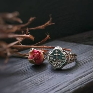 Slavic rings 925 Sterling Silver jewelry Byzantine Rite ring Greek Rite signet Orthodox cross Unisex ring Russian inscription Talisman ring