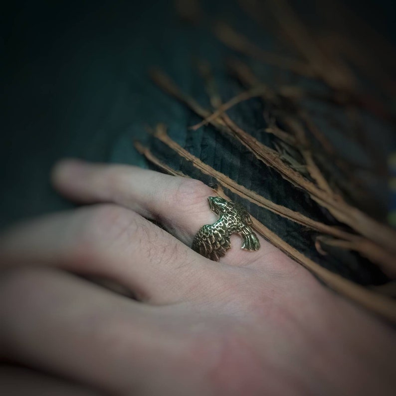 Odins raven ring Magic occult jewelry Brass Crow ring 925 Sterling silver Norse men rings 14K gold Viking jewelry Pagan men Gift Animal ring image 5