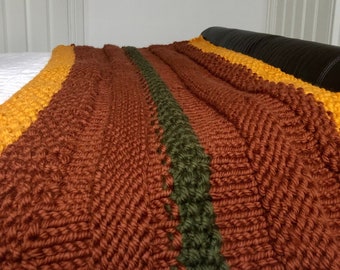 Mustard Yellow, Terracotta Brown, Earthy Neutral Woodland Bed Runner, Soft Chunky 100% Wool Hand Knitted Striped Double Bed Runner Decor