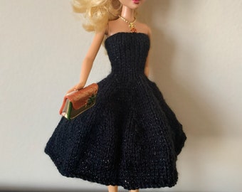 Handgestricktes Barbie Kleid, Glitzer Schwarz Barbie Kleid, Hochzeitskleid, Barbie Puppe Kleidung, Mode Kleid, Einzigartige Barbie Kleidung Geschenk