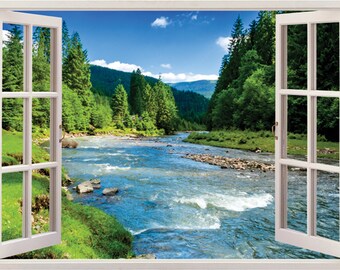 3d decal,3d wall decals 3D window wall decal window to reddish waterfall wall mural decal wall stickers for living room vinyl decal