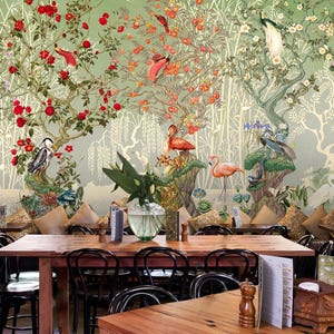 Carta da parati Chinoiserie, stacca e attacca o tradizionale, uccelli acquerello con albero murale, carta da parati floreale autoadesiva, rimovibile