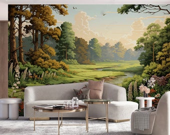 Vintage Landscape Wallpaper Mural: Peel and Stick Nature Wall Art