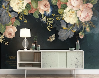 Dark Floral Wallpaper, Watercolor Dutch Flower Wall Mural