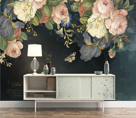 Dark Floral Wallpaper, Watercolor Dutch Flower Wall Mural