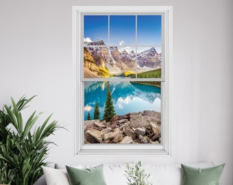 Sticker mural Moraine Lake avec vue depuis la fenêtre : autocollant paysage de montagnes Rocheuses