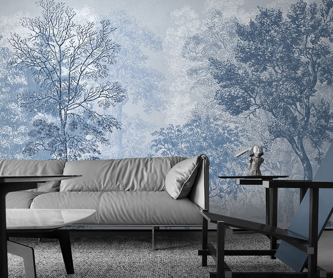 Blue Floral Trees Wallpaper Blue Forest Wallpaper Blue Trees Etsy