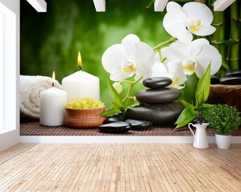 Spa Wallpaper Mural: Bamboo, Orchid, Zen Stones Wall Art