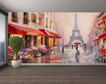 Eiffel Tower Wallpaper Mural: Oil Paint Style Wall Art