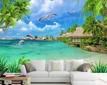 Beach Seascape Wallpaper Mural: Coconut Tree Island Wall Art