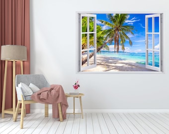 Papier peint 3D avec fenêtre vue plage : vinyle autocollant