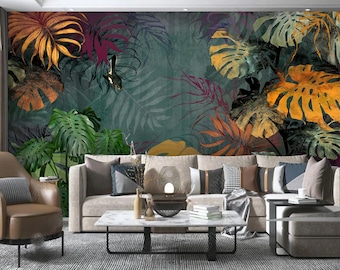 Dark Botanical Peel and Stick Wallpaper: Tropical Monstera Leaves Mural