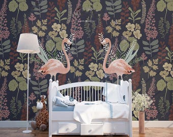 Dark Floral Flamingo Wallpaper: Vintage Botanical Mural