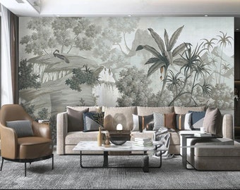 Mural de palmeras vintage: paisaje de selva tropical, decoración de pared extraíble